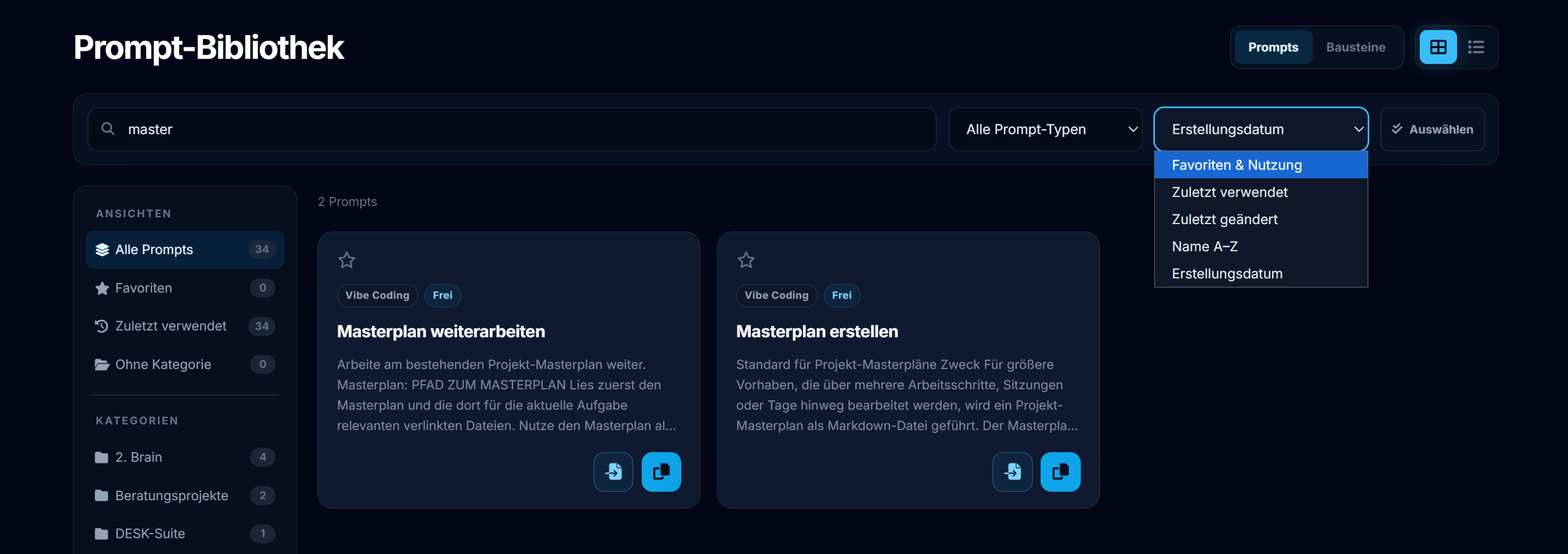 Gefilterte Promptomizer Prompt-Bibliothek mit Suche und geöffneter Sortierung