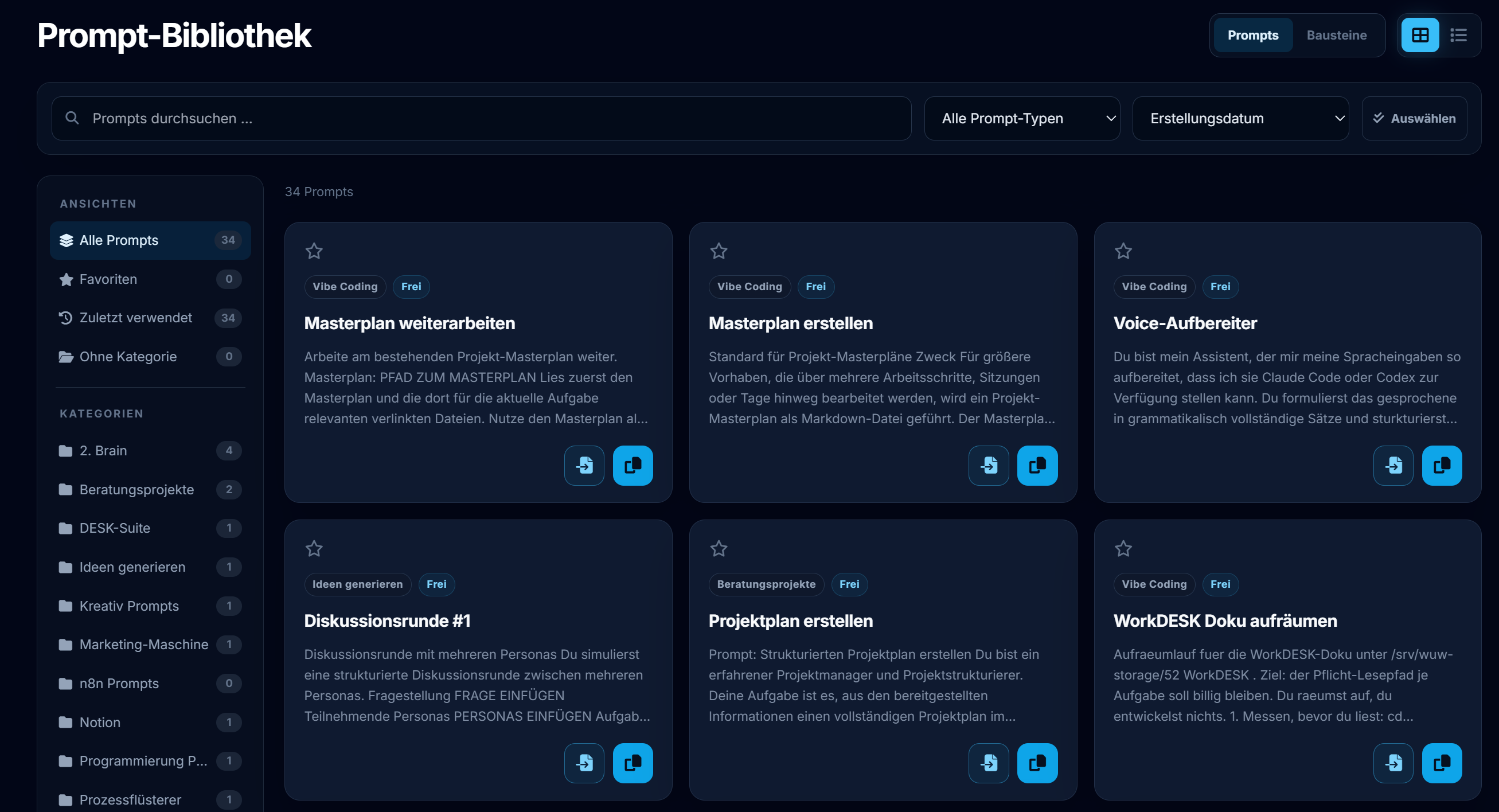 Promptomizer Prompt-Bibliothek in der Kartenansicht mit Suche, Kategorien und gespeicherten Prompts