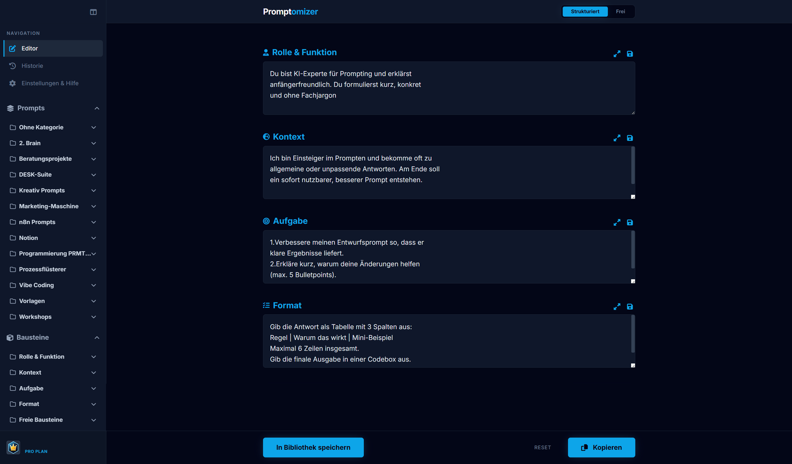 Promptomizer-Oberfläche: Prompt-Bibliothek mit Kategorien links, strukturierter Editor mit Beispiel-Prompt rechts