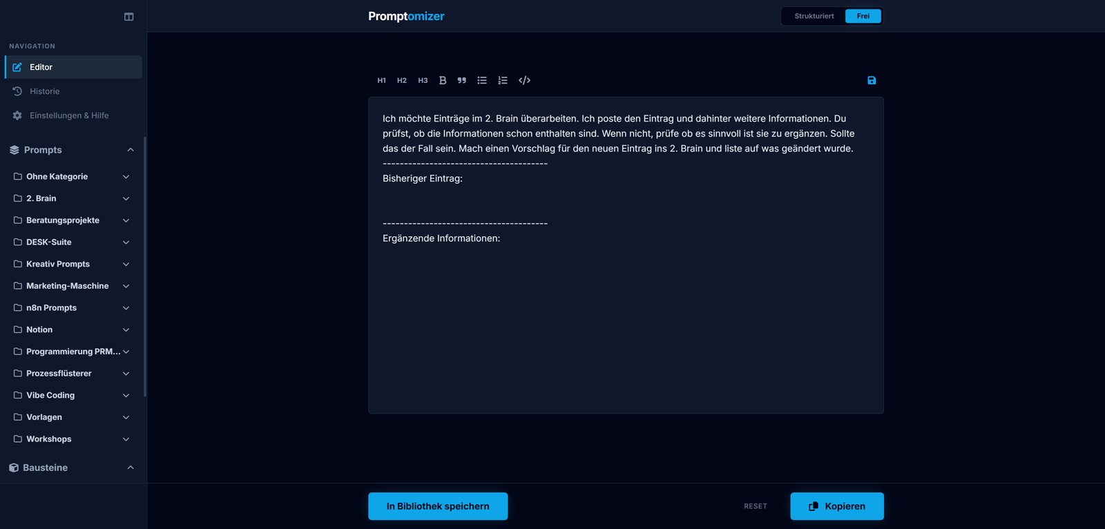 Prompt-Bibliothek in Promptomizer: Seitenleiste mit echten, gewachsenen Kategorien, in denen ein im Generator erstellter Prompt landet